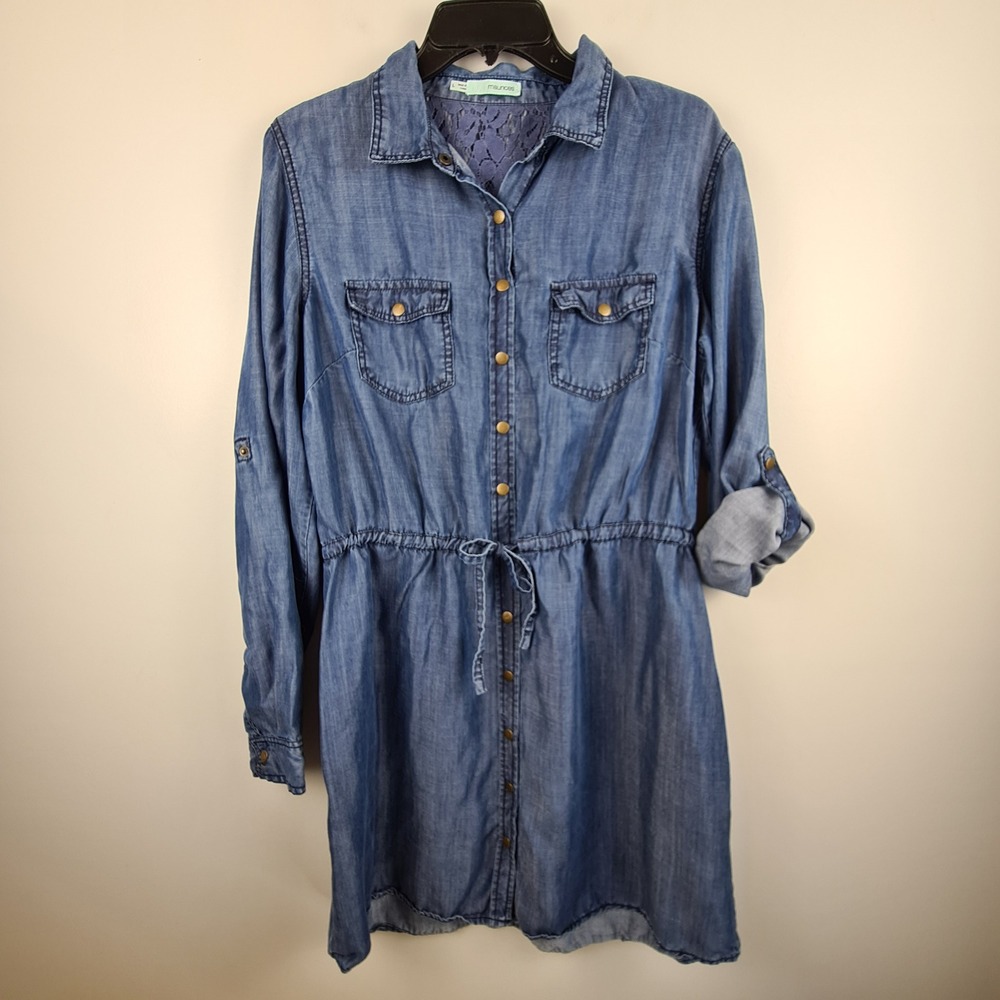 Maurices Womens Blue Lyocell Denim Lace Back Roll Tab Utility Shirt Dress Large
